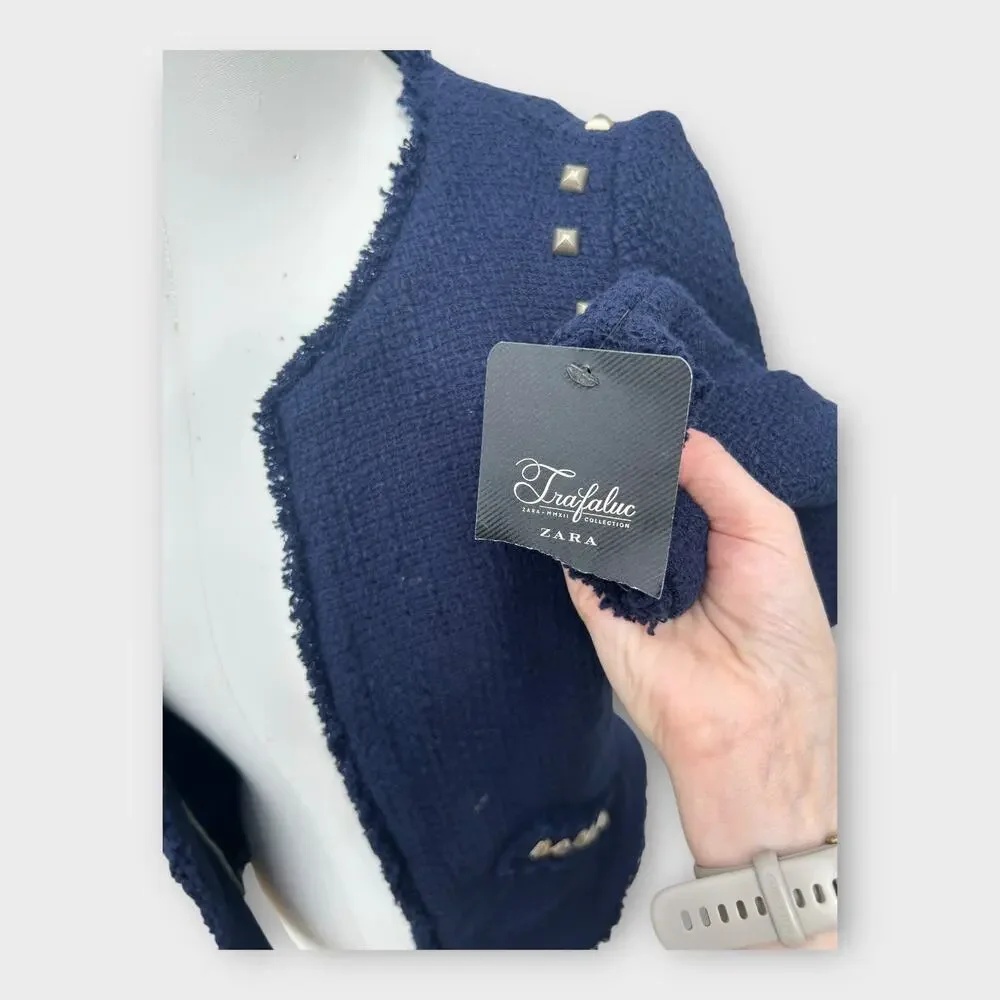 Zara Navy Tweed Frayed-Edge Blazer with Stud Accents - Picture 5 of 9